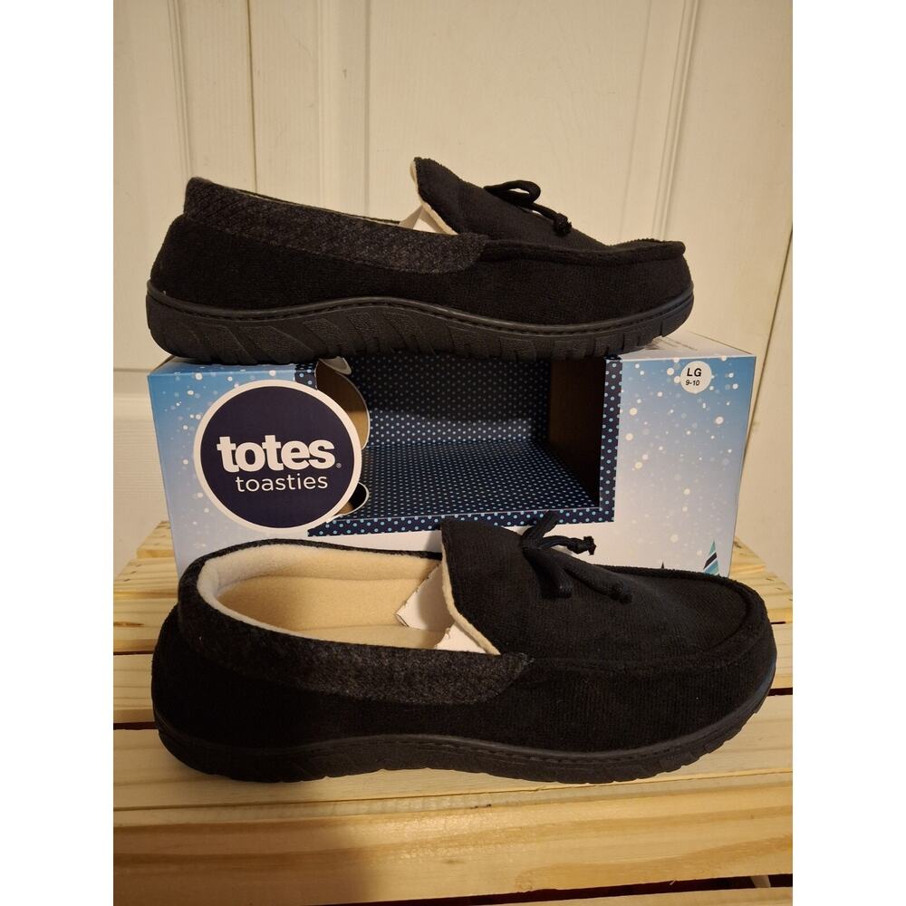 Totes Toasties Men’s Memory Foam Slippers Sz L(9-10)Black Faux Fur Tan Inner